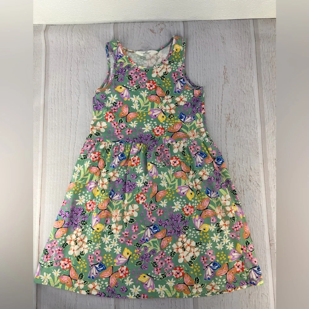 H&M Girls Floral Butterfly Print Dress Size 8-10Y Green‎ Spring Summer Cotton